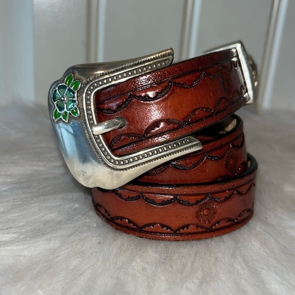 Brown leather belt beautiful tooling stamped flowers green flowers est XL 1X